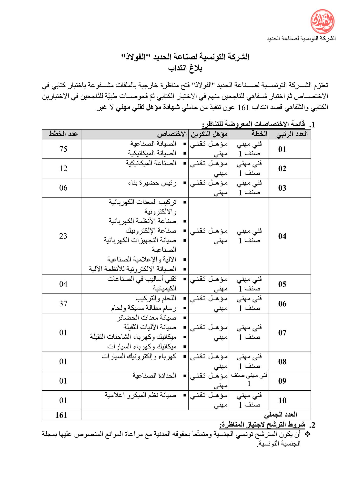 بلاغ مناظرة خارجية لانتداب اعوان تنفيذ بالشركة التونسية لصناعة الحديد والفولاذ 