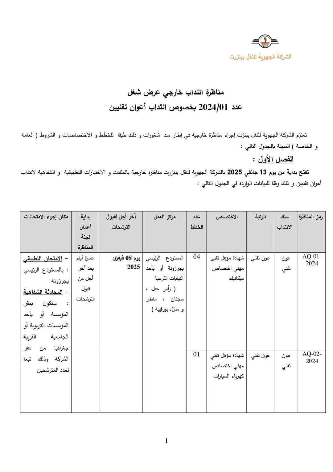 فتح مناظرات انتداب في الشركة الجهوية للنقل ببنزرت 2025 